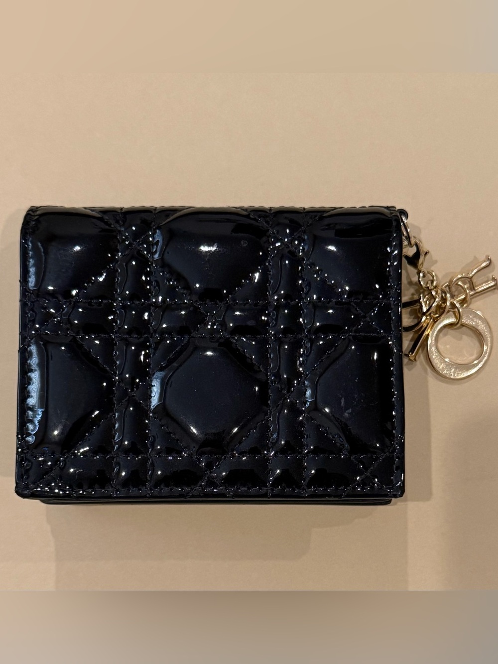 Christian Dior Black Quilted Patent Leather Fold Wallet with Gold Keyring